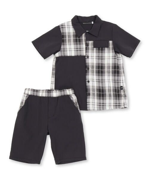 BeBe Petits Pois Vert / ベベ プチ ポワ ヴェール セットアップ | チェック＆無地切り替え半袖シャツ+ハーフパンツセットアップ(95~150cm) | 詳細5