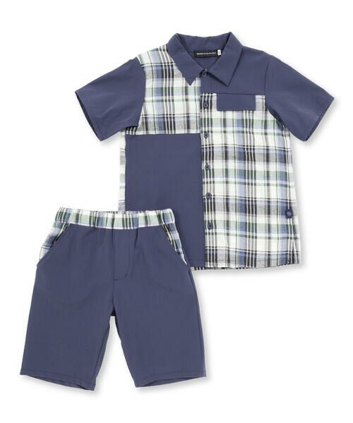 BeBe Petits Pois Vert / ベベ プチ ポワ ヴェール セットアップ | チェック＆無地切り替え半袖シャツ+ハーフパンツセットアップ(95~150cm) | 詳細10