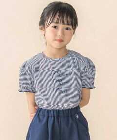 BeBe Petits Pois Vert / ベベ プチ ポワ ヴェール Tシャツ | ベア天竺細ボーダーリボンプリントパフスリーブTシャツ(95~160cm)