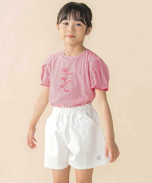 BeBe Petits Pois Vert / ベベ プチ ポワ ヴェール Tシャツ | ベア天竺細ボーダーリボンプリントパフスリーブTシャツ(95~160cm) | 詳細2