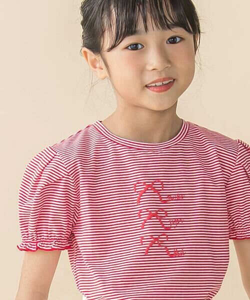 BeBe Petits Pois Vert / ベベ プチ ポワ ヴェール Tシャツ | ベア天竺細ボーダーリボンプリントパフスリーブTシャツ(95~160cm) | 詳細3
