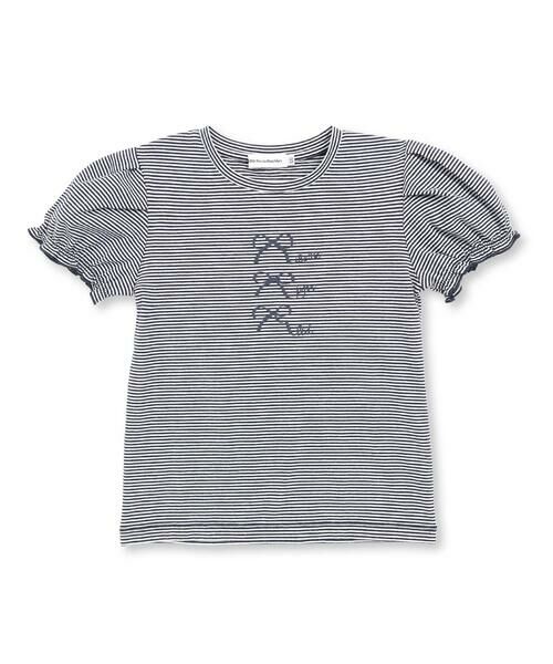 BeBe Petits Pois Vert / ベベ プチ ポワ ヴェール Tシャツ | ベア天竺細ボーダーリボンプリントパフスリーブTシャツ(95~160cm) | 詳細14