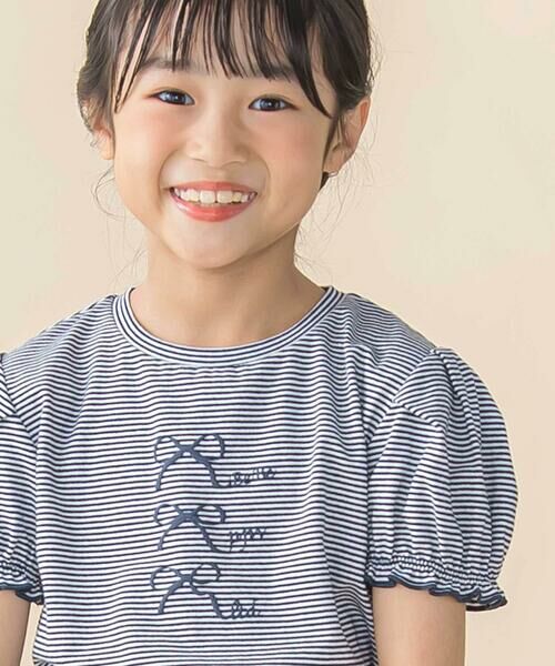 BeBe Petits Pois Vert / ベベ プチ ポワ ヴェール Tシャツ | ベア天竺細ボーダーリボンプリントパフスリーブTシャツ(95~160cm) | 詳細13