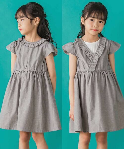BeBe Petits Pois Vert / ベベ プチ ポワ ヴェール ミニ丈・ひざ丈ワンピース | 【店舗限定】【前後着用可能】ダンガリーフリル襟カシュクールワンピース(95~150cm)<br> | 詳細12
