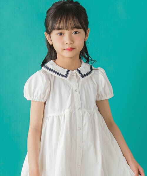 BeBe Petits Pois Vert / ベベ プチ ポワ ヴェール ミニ丈・ひざ丈ワンピース | 【店舗限定】ライン襟付き前開きパフスリーブワンピース(95~150cm)<br> | 詳細2