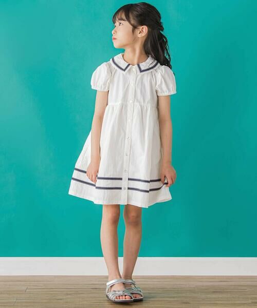 BeBe Petits Pois Vert / ベベ プチ ポワ ヴェール ミニ丈・ひざ丈ワンピース | 【店舗限定】ライン襟付き前開きパフスリーブワンピース(95~150cm)<br> | 詳細3