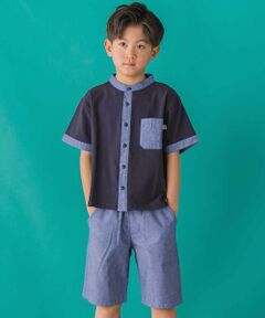 PUTUMAYO フリル付きネイビー半袖シャツ PUTUMAYO フリル付きネイビー半袖シャツ
