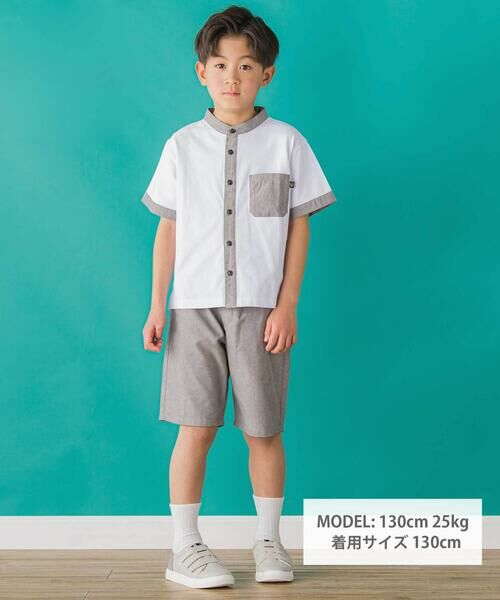 BeBe Petits Pois Vert / ベベ プチ ポワ ヴェール シャツ・ブラウス | 【店舗限定】カノコ+ダンガリー配色シャツ+ハーフパンツセット(95~150cm)<br> | 詳細1