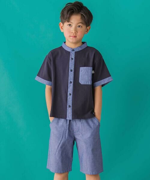 BeBe Petits Pois Vert / ベベ プチ ポワ ヴェール シャツ・ブラウス | 【店舗限定】カノコ+ダンガリー配色シャツ+ハーフパンツセット(95~150cm)<br>(ネイビー系)