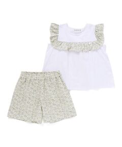 BeBe Petits Pois Vert / ベベ プチ ポワ ヴェール セットアップ | 【店舗限定】花柄スクエアフリルチュニック+ショートパンツセット(95~150cm)<br>