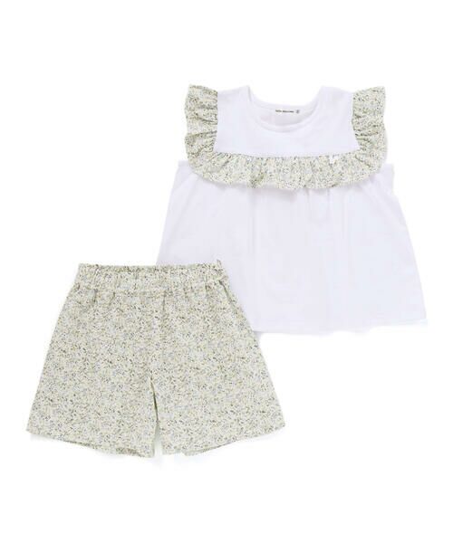 BeBe Petits Pois Vert / ベベ プチ ポワ ヴェール セットアップ | 【店舗限定】花柄スクエアフリルチュニック+ショートパンツセット(95~150cm)<br> | 詳細1
