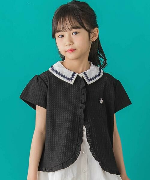 BeBe Petits Pois Vert/ベベ プチ ポワ ヴェール 【店舗限定】格子編みカットソーフリル半袖ボレロ(95~150cm) ブラック 100cm BeBe Petits Pois Vert/ベベ プチ ポワ ヴェール 【店舗限定】格子編みカットソーフリル半袖ボレロ(95~150cm) ブラック 100cm