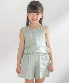 BeBe Petits Pois Vert / ベベ プチ ポワ ヴェール セットアップ | サッカーストライプリボンフリルセットアップ(95~150cm)
