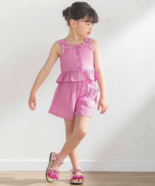 BeBe Petits Pois Vert / ベベ プチ ポワ ヴェール セットアップ | サッカーストライプリボンフリルセットアップ(95~150cm) | 詳細2