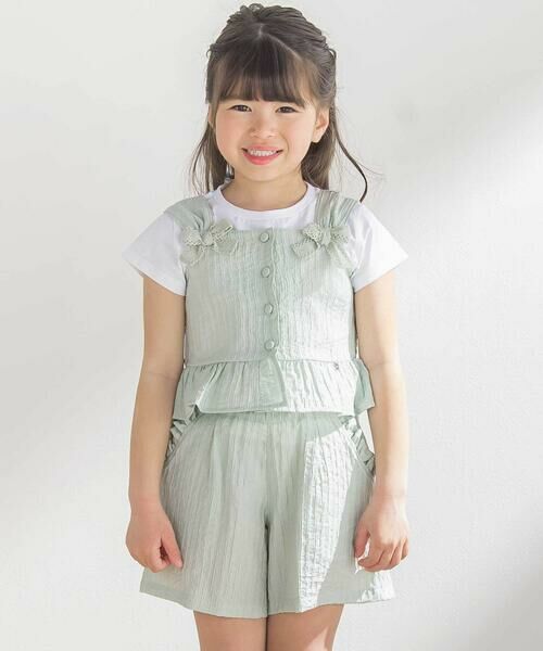 BeBe Petits Pois Vert / ベベ プチ ポワ ヴェール セットアップ | サッカーストライプリボンフリルセットアップ(95~150cm) | 詳細9