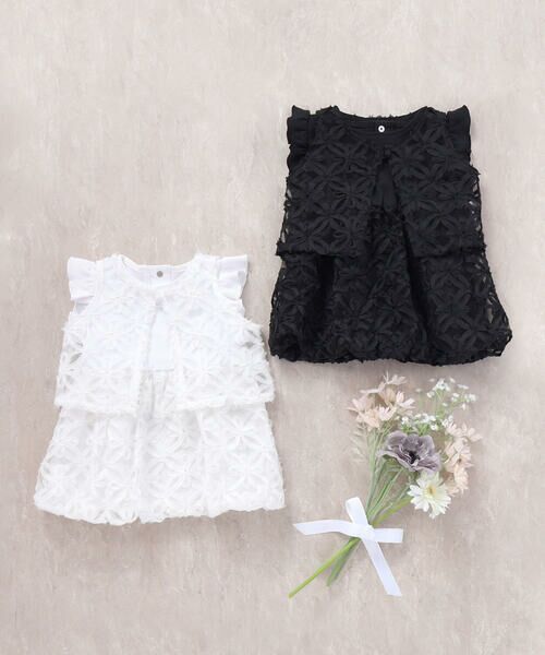 BeBe Petits Pois Vert / ベベ プチ ポワ ヴェール ミニ丈・ひざ丈ワンピース | 立体花レースノースリーブカーディガン+バルーンスカートワンピースセットベビー(80~90cm) | 詳細16