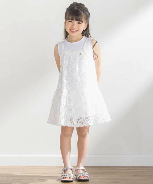 BeBe Petits Pois Vert / ベベ プチ ポワ ヴェール ミニ丈・ひざ丈ワンピース | 【お揃い】立体花レースのワンピース+ボレロ3点セット(95~150cm) | 詳細1