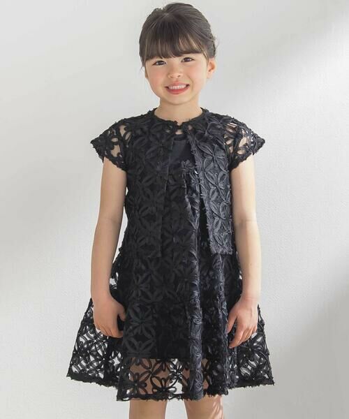 BeBe Petits Pois Vert / ベベ プチ ポワ ヴェール ミニ丈・ひざ丈ワンピース | 【お揃い】立体花レースのワンピース+ボレロ3点セット(95~150cm)(ブラック)