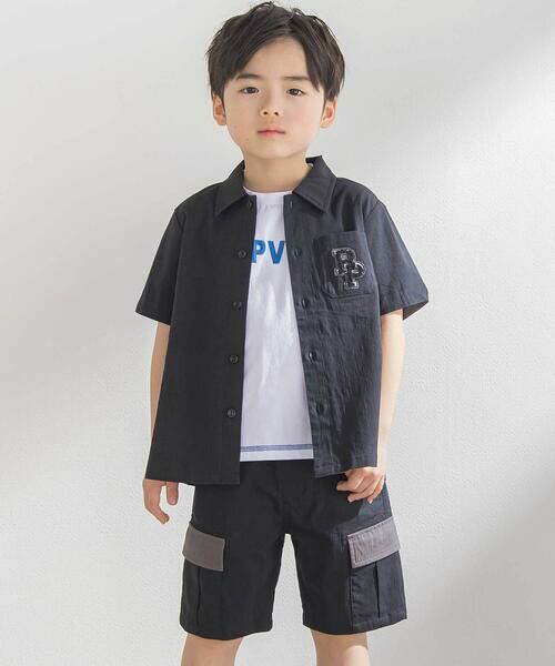 BeBe Petits Pois Vert / ベベ プチ ポワ ヴェール セットアップ | サガラワッペン半袖シャツ+ハーフパンツセットアップ(95~150cm)(ブラック)