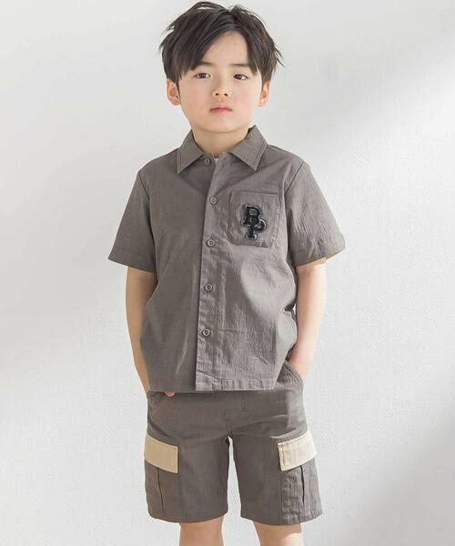 BeBe Petits Pois Vert / ベベ プチ ポワ ヴェール セットアップ | サガラワッペン半袖シャツ+ハーフパンツセットアップ(95~150cm)(グリーン系(カーキ))