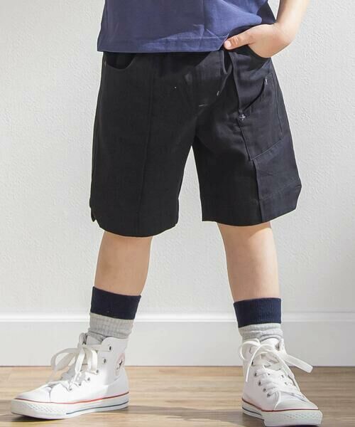 BeBe Petits Pois Vert / ベベ プチ ポワ ヴェール ショート・ハーフ・半端丈パンツ | フロントタック麻風ハーフパンツ(95~150cm)(ブラック)