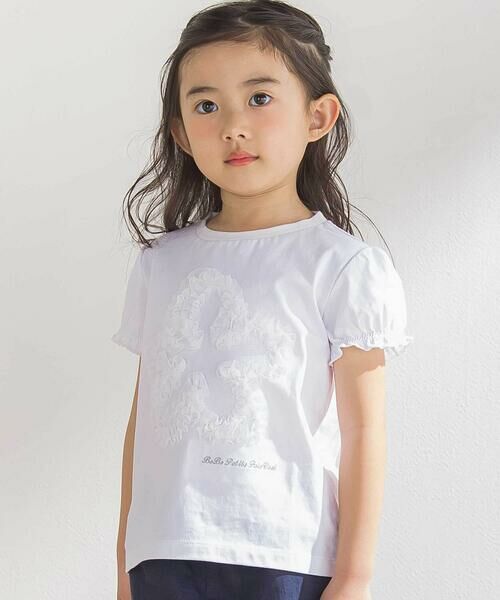 BeBe Petits Pois Vert / ベベ プチ ポワ ヴェール Tシャツ | オーガンジー花モチーフパフスリーブTシャツ(95~160cm)(ホワイト)