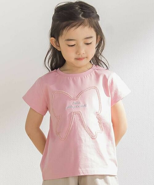 BeBe Petits Pois Vert / ベベ プチ ポワ ヴェール Tシャツ | リボンモチーフ天竺Tシャツ(95~150cm)(ピンク)