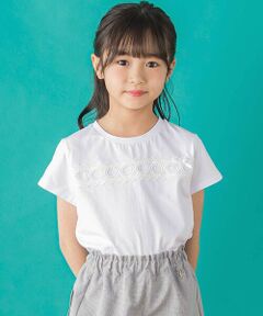 BeBe Petits Pois Vert / ベベ プチ ポワ ヴェール Tシャツ | 【店舗限定】スカラップ丸レーステープ切り替え天竺半袖Tシャツ(95~160cm)