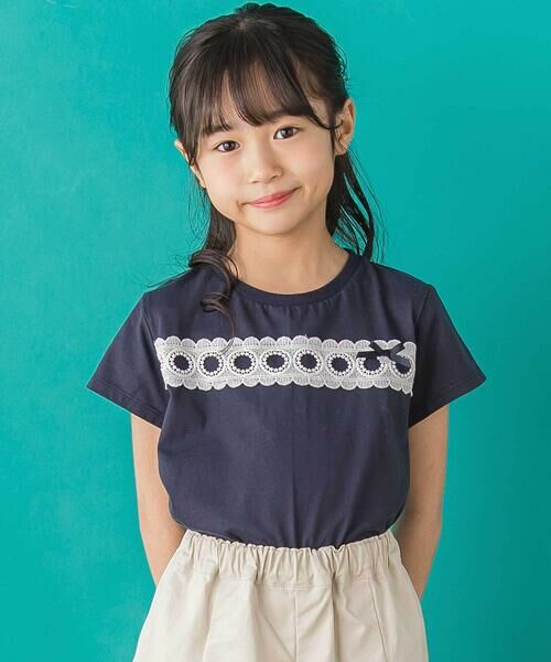 BeBe Petits Pois Vert / ベベ プチ ポワ ヴェール Tシャツ | 【店舗限定】スカラップ丸レーステープ切り替え天竺半袖Tシャツ(95~160cm) | 詳細15