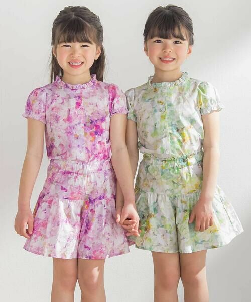 BeBe Petits Pois Vert / ベベ プチ ポワ ヴェール シャツ・ブラウス | 花柄フリルブラウス+キュロットパンツセットアップ(95~150cm) | 詳細2