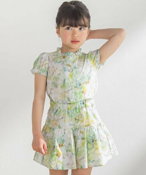 BeBe Petits Pois Vert / ベベ プチ ポワ ヴェール シャツ・ブラウス | 花柄フリルブラウス+キュロットパンツセットアップ(95~150cm) | 詳細7