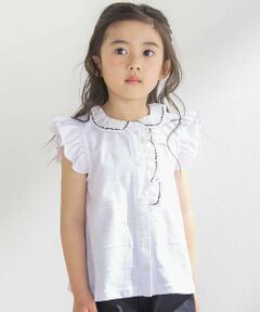 BeBe Petits Pois Vert / ベベ プチ ポワ ヴェール シャツ・ブラウス | 花ライン刺しゅうフリルノースリーブブラウス(95~160cm)