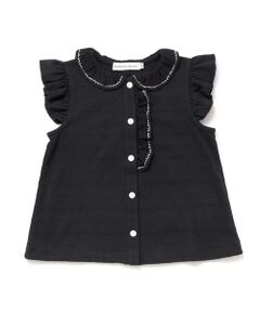 BeBe Petits Pois Vert / ベベ プチ ポワ ヴェール シャツ・ブラウス | 花ライン刺しゅうフリルノースリーブブラウス(95~160cm)