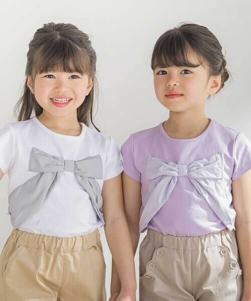BeBe Petits Pois Vert / ベベ プチ ポワ ヴェール Tシャツ | サテン風配色リボンモチーフ半袖Tシャツ(95~150cm) | 詳細7