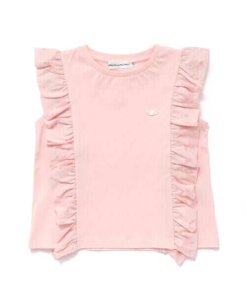 BeBe Petits Pois Vert/ベベ プチ ポワ ヴェール 花柄シースルーフリルノースリーブTシャツ(95~150cm) ピンク 95cm BeBe Petits Pois Vert/ベベ プチ ポワ ヴェール 花柄シースルーフリルノースリーブTシャツ(95~150cm) ピンク 95cm