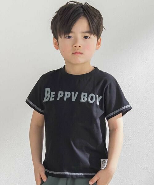BeBe Petits Pois Vert/ベベ プチ ポワ ヴェール 配色ステッチ立体ロゴプリント半袖Tシャツ(95~160cm) ブラック 110cm BeBe Petits Pois Vert/ベベ プチ ポワ ヴェール 配色ステッチ立体ロゴプリント半袖Tシャツ(95~160cm) ブラック 110cm