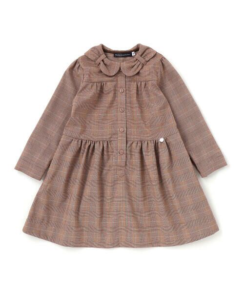 BeBe Petits Pois Vert/ベベ プチ ポワ ヴェール グレンチェック襟リボンワンピース(95~150cm) ブラウン系 100cm BeBe Petits Pois Vert/ベベ プチ ポワ ヴェール グレンチェック襟リボンワンピース(95~150cm) ブラウン系 100cm