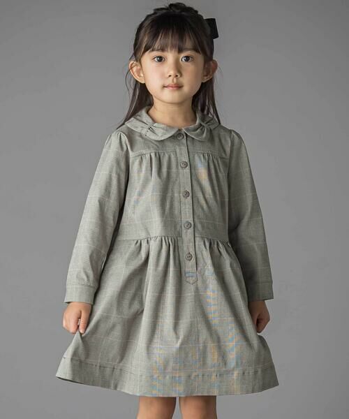 BeBe Petits Pois Vert/ベベ プチ ポワ ヴェール グレンチェック襟リボンワンピース(95~150cm) グレー系 95cm BeBe Petits Pois Vert/ベベ プチ ポワ ヴェール グレンチェック襟リボンワンピース(95~150cm) グレー系 95cm