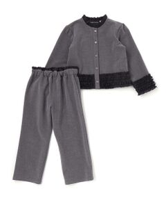 BeBe Petits Pois Vert / ベベ プチ ポワ ヴェール セットアップ | シフォンフリルブラウス+ロングパンツセットアップ(95~150cm)