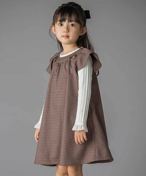 BeBe Petits Pois Vert/ベベ プチ ポワ ヴェール 千鳥チェックラグランギャザースリーブワンピース(95~150cm) ブラウン系 140cm BeBe Petits Pois Vert/ベベ プチ ポワ ヴェール 千鳥チェックラグランギャザースリーブワンピース(95~150cm) ブラウン系 140cm