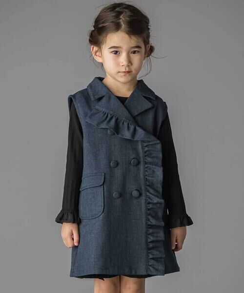 BeBe Petits Pois Vert/ベベ プチ ポワ ヴェール フリルトレンチ風ジレ(95~150cm) ネイビー 130cm BeBe Petits Pois Vert/ベベ プチ ポワ ヴェール フリルトレンチ風ジレ(95~150cm) ネイビー 130cm
