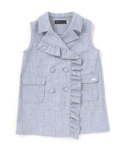 BeBe Petits Pois Vert/ベベ プチ ポワ ヴェール フリルトレンチ風ジレ(95~150cm) ブルー 110cm BeBe Petits Pois Vert/ベベ プチ ポワ ヴェール フリルトレンチ風ジレ(95~150cm) ブルー 110cm