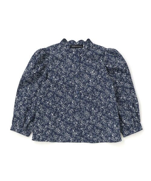 BeBe Petits Pois Vert/ベベ プチ ポワ ヴェール スカラップ襟ブロード花柄シャツ(110~150cm) ネイビー系 110cm BeBe Petits Pois Vert/ベベ プチ ポワ ヴェール スカラップ襟ブロード花柄シャツ(110~150cm) ネイビー系 110cm