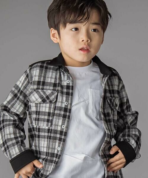 BeBe Petits Pois Vert / ベベ プチ ポワ ヴェール シャツ・ブラウス | 配色切り替えニットチェックシャツ(95~150cm) | 詳細3