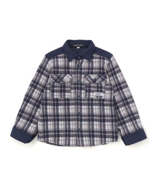 BeBe Petits Pois Vert / ベベ プチ ポワ ヴェール シャツ・ブラウス | 配色切り替えニットチェックシャツ(95~150cm) | 詳細14