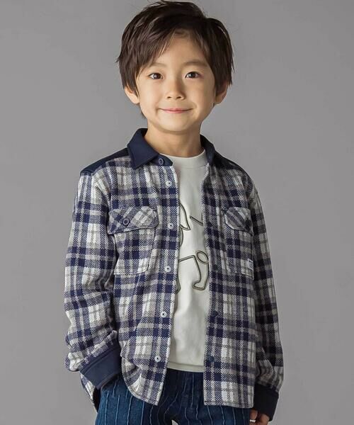 BeBe Petits Pois Vert/ベベ プチ ポワ ヴェール 配色切り替えニットチェックシャツ(95~150cm) ネイビー系 100cm BeBe Petits Pois Vert/ベベ プチ ポワ ヴェール 配色切り替えニットチェックシャツ(95~150cm) ネイビー系 100cm