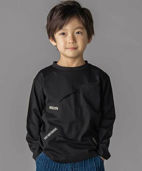 BeBe Petits Pois Vert/ベベ プチ ポワ ヴェール タックプリーツ刺しゅうロングTシャツ(95~160cm) ブラック 160cm BeBe Petits Pois Vert/ベベ プチ ポワ ヴェール タックプリーツ刺しゅうロングTシャツ(95~160cm) ブラック 160cm