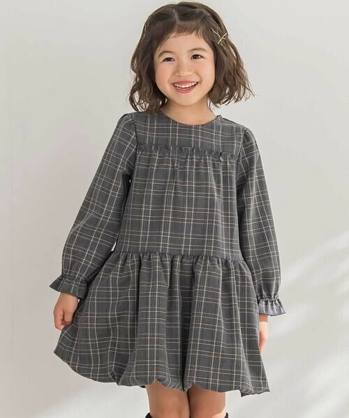 BeBe Petits Pois Vert/ベベ プチ ポワ ヴェール 【店舗限定】チェックバルーン長袖ワンピース(95~150cm) グレー系 110cm BeBe Petits Pois Vert/ベベ プチ ポワ ヴェール 【店舗限定】チェックバルーン長袖ワンピース(95~150cm) グレー系 110cm