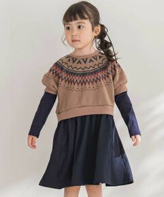 BeBe Petits Pois Vert / ベベ プチ ポワ ヴェール ミニ丈・ひざ丈ワンピース | 【店舗限定】ノルディック切替長袖ワンピース(95~150cm)