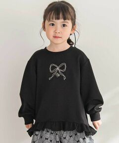 BeBe Petits Pois Vert / ベベ プチ ポワ ヴェール スウェット | 【店舗限定】ポンチ裾フリルリボン刺しゅうトレーナー(95~150cm)